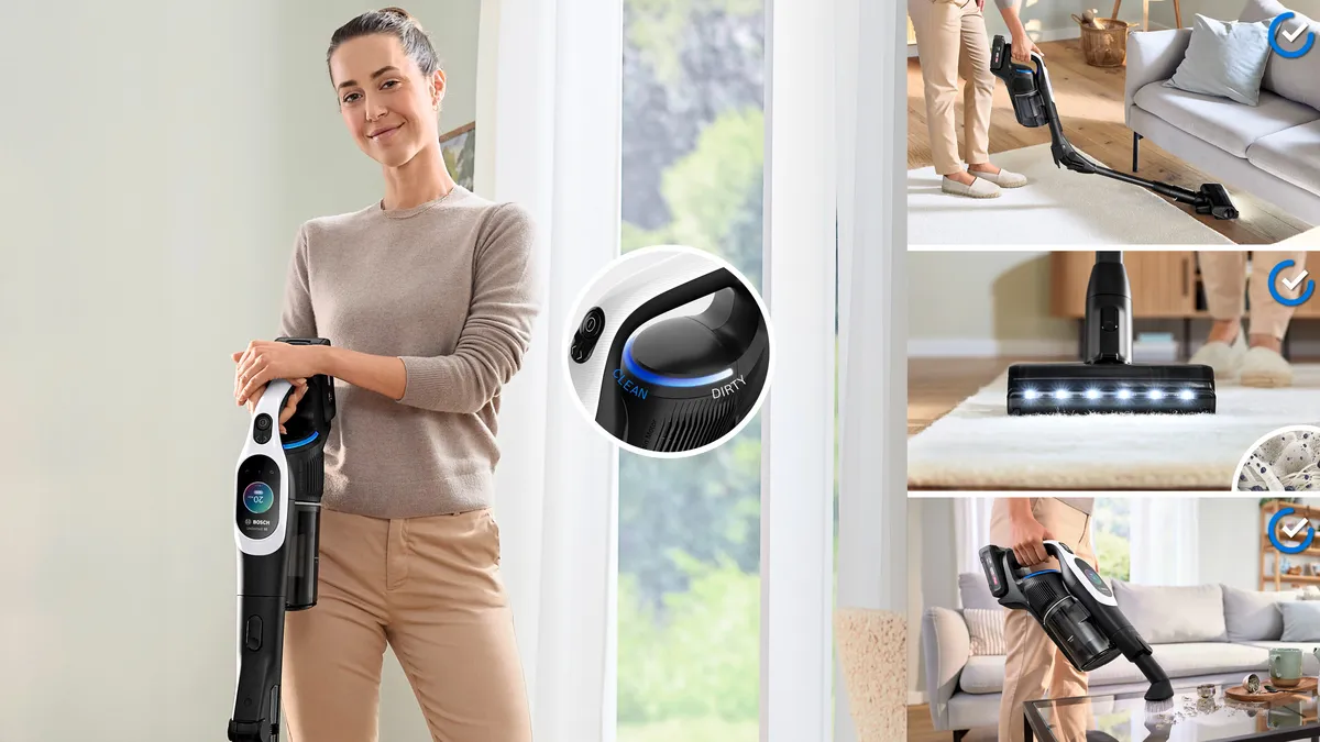 Kobieta trzymająca odkurzacz bezprzewodowy. Zbliżenia na elementy sterujące i działanie.