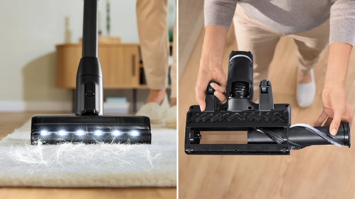 Dwa zdjęcia odkurzacza. Jedno pokazuje głowicę, drugie uchwyt i komponenty.
