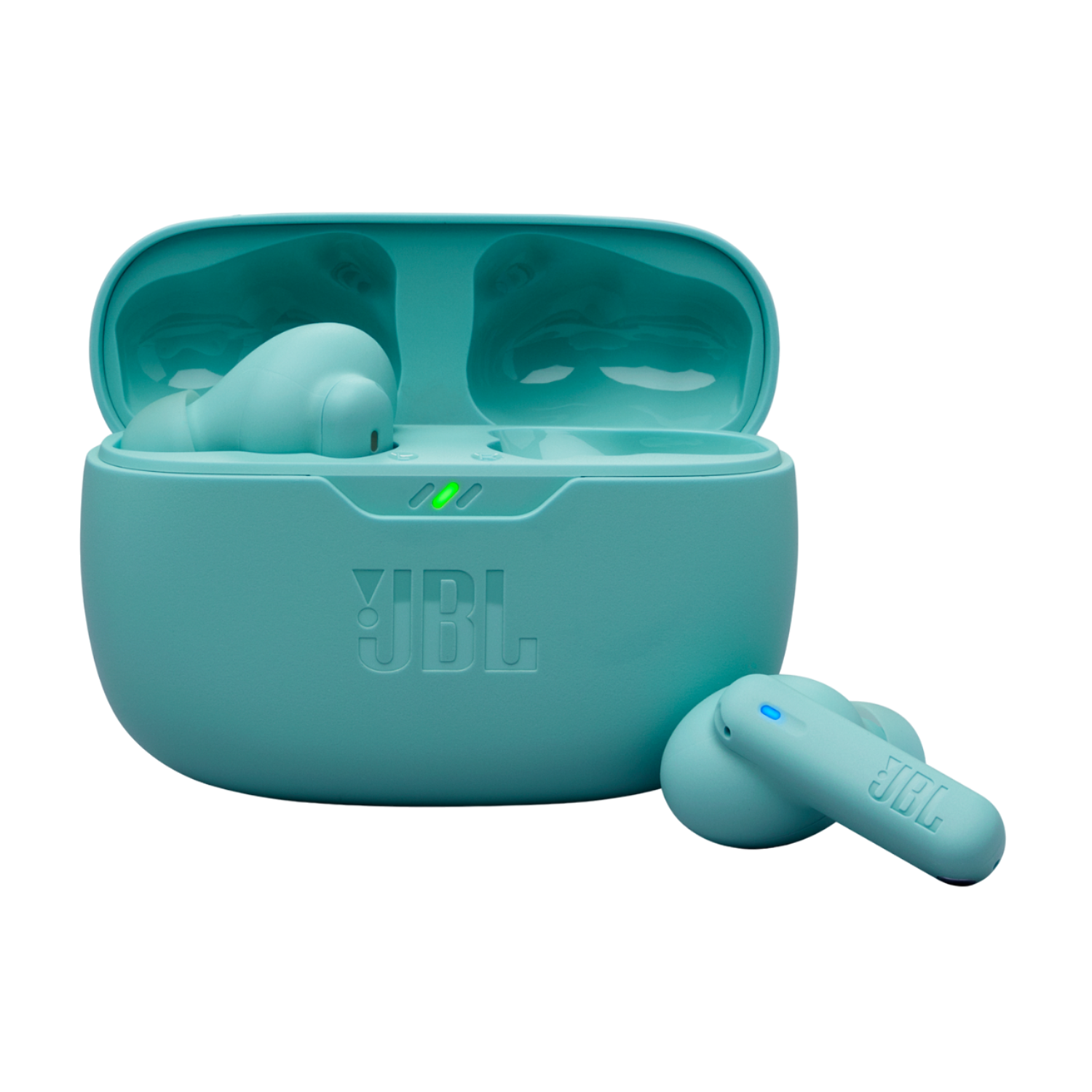 Turquoise JBL oordopjes en oplaadcase. Eén oordopje is uit de case.