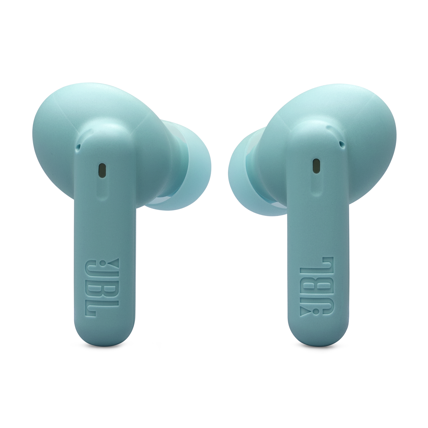 Twee lichtblauwe JBL-oordopjes. Het JBL-logo is zichtbaar op de steeltjes.
