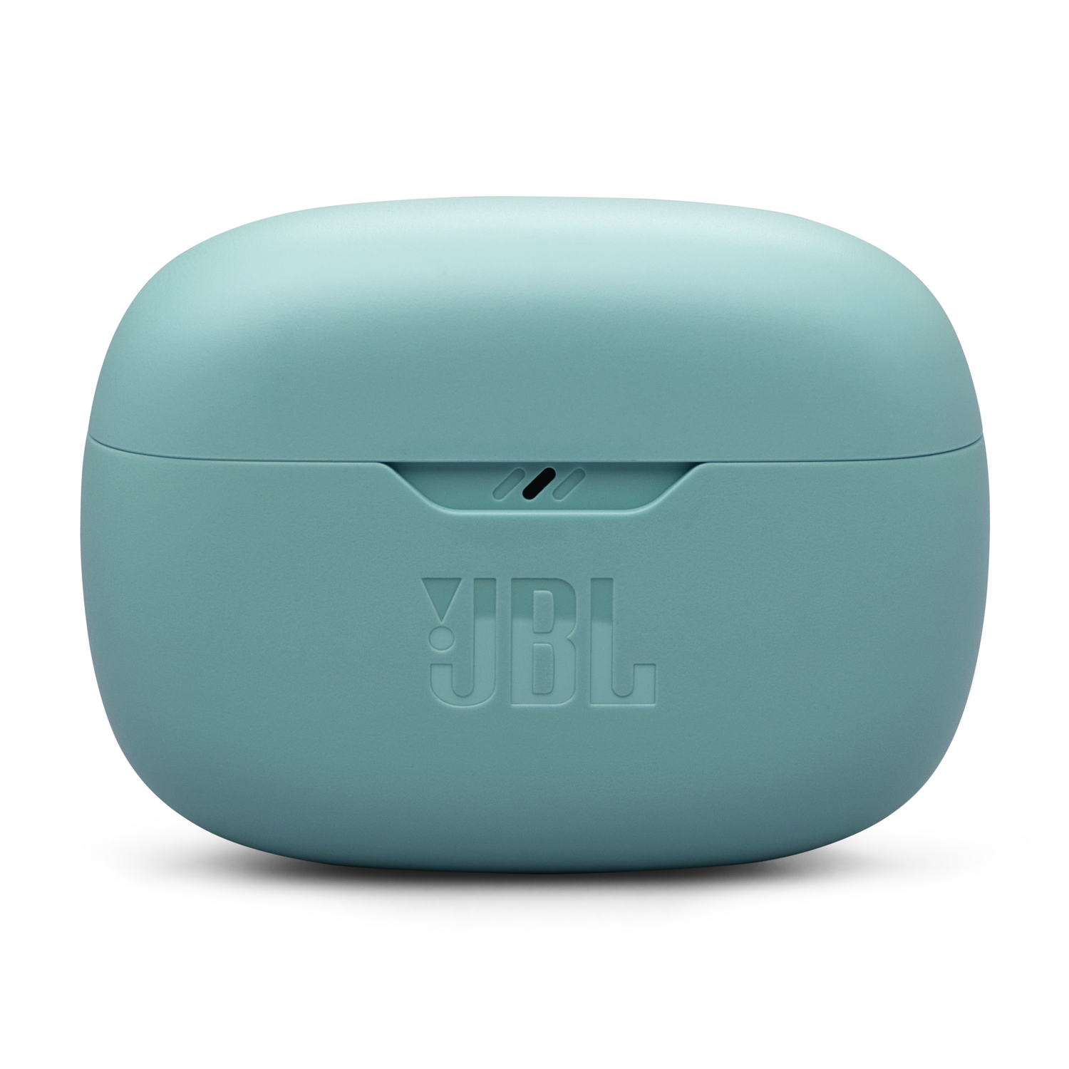 Turquoise oplaadcase voor oordopjes met het JBL-logo op de voorkant, op een witte achtergrond.