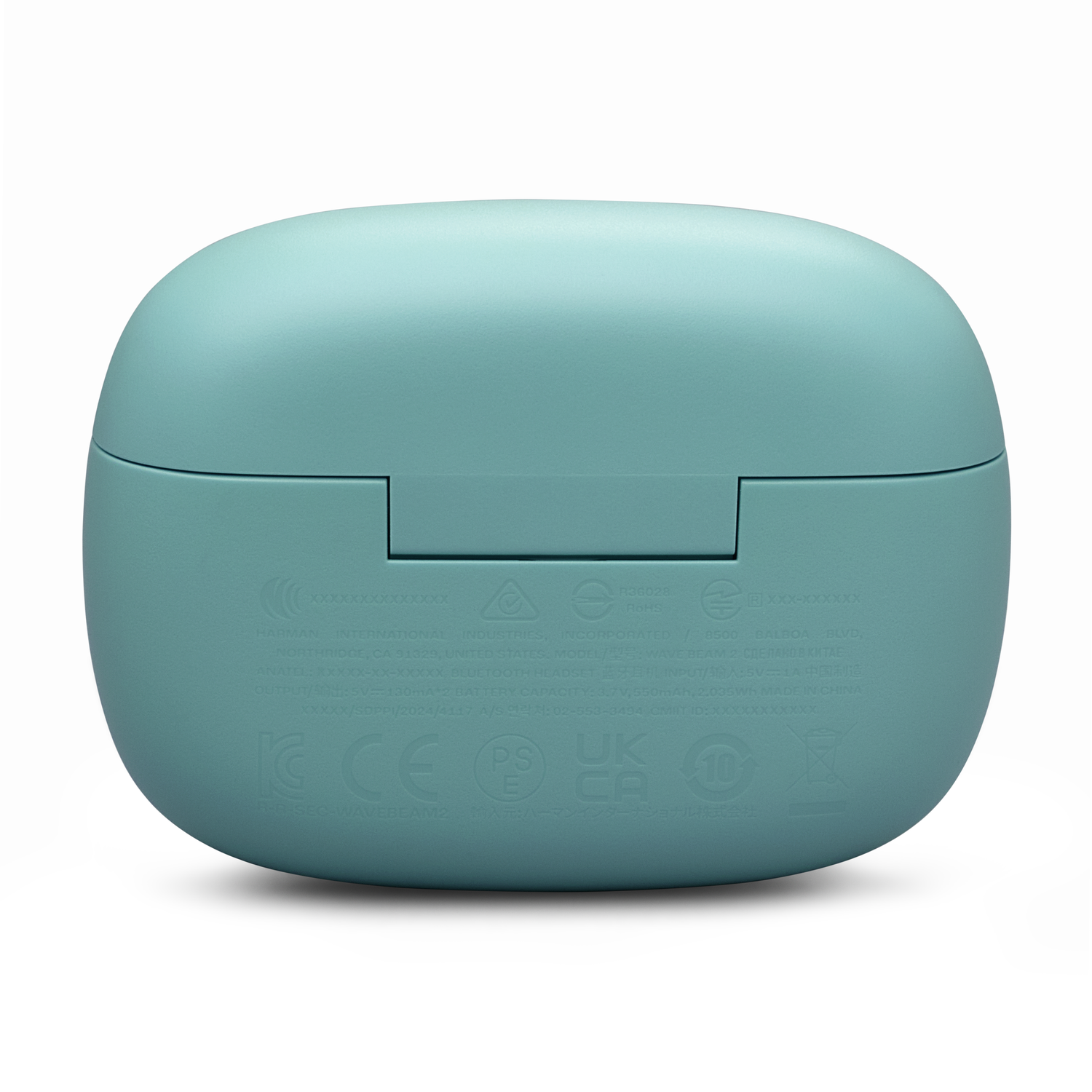 Teal oplaadcase voor oortelefoons met markeringen en een witte achtergrond.