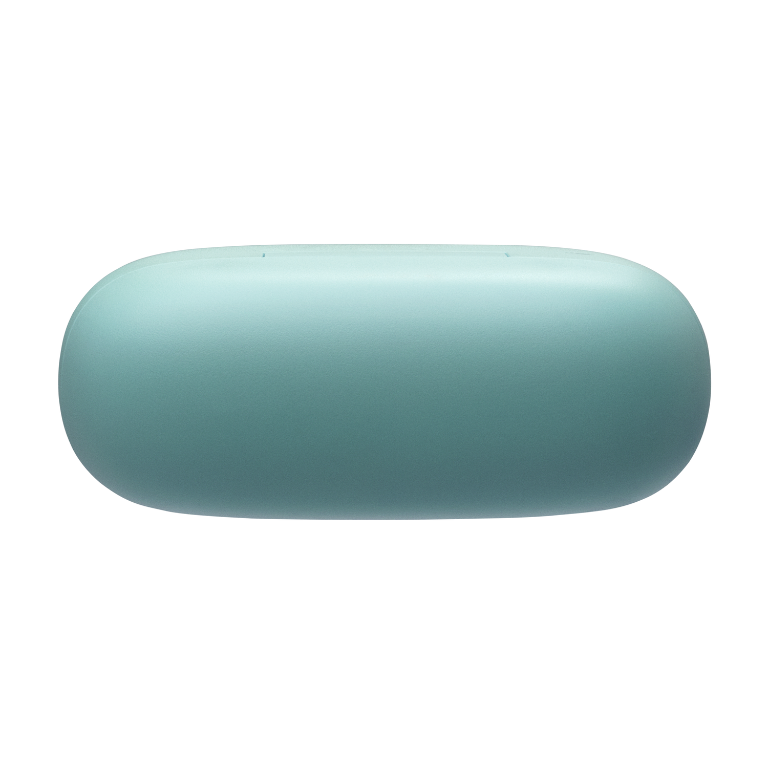 Teal, ovaalvormige hoes, waarschijnlijk voor het opbergen van kleine items zoals oordopjes.