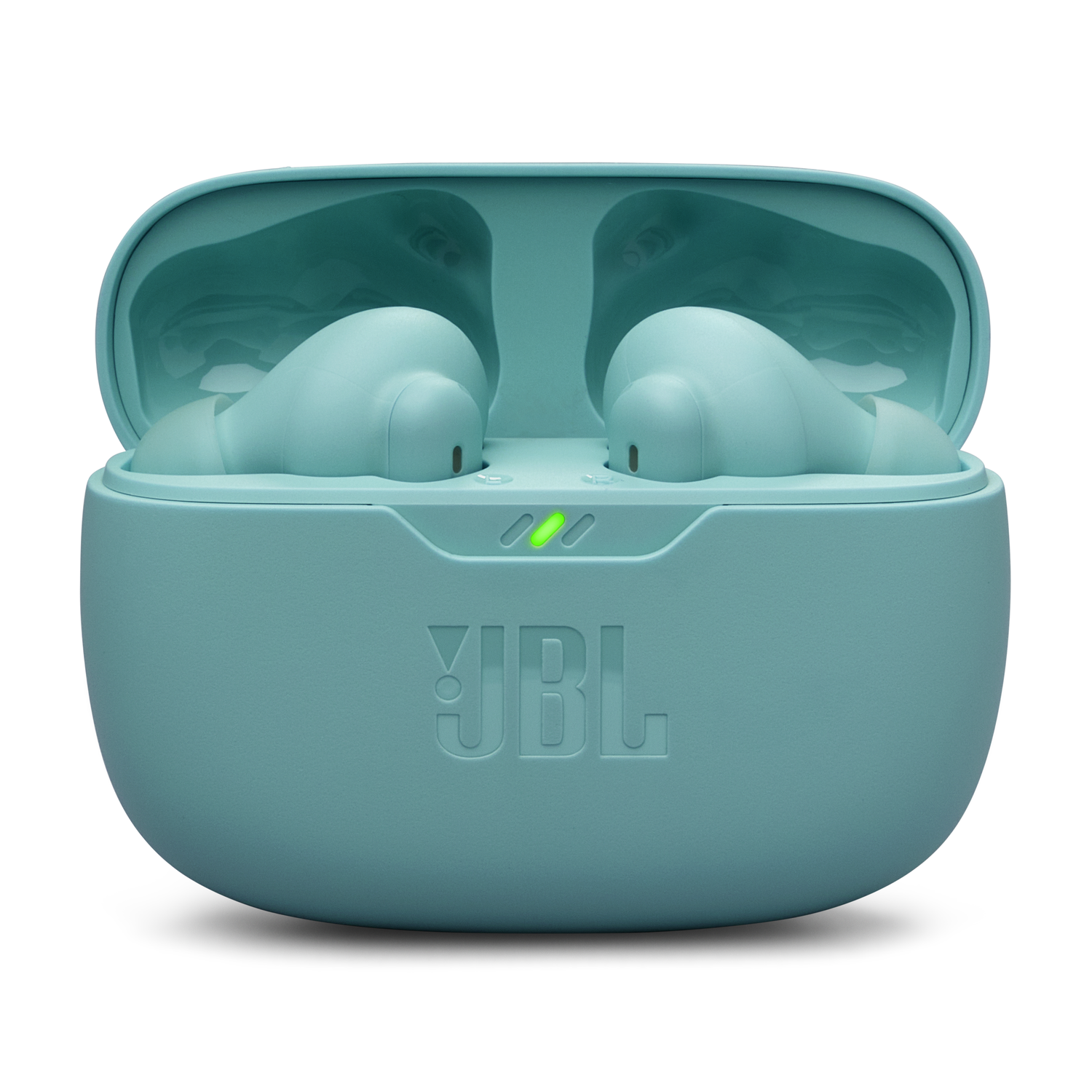 Blauwe JBL oordopjes in een etui, met een groen lampje.