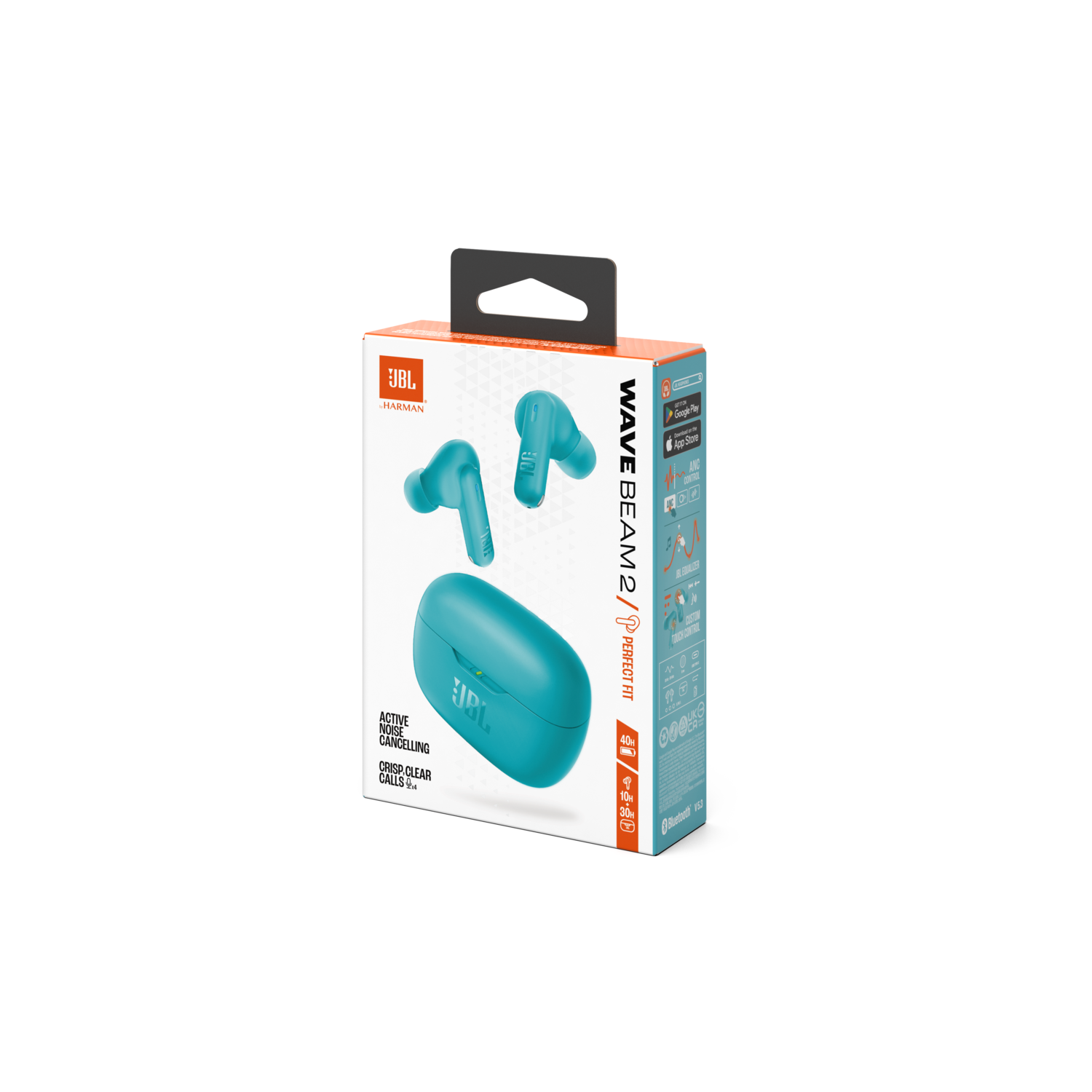 Doos met JBL Wave Beam 2 oordopjes, met oordopjes en etui. Het heeft een turquoise kleurenschema.