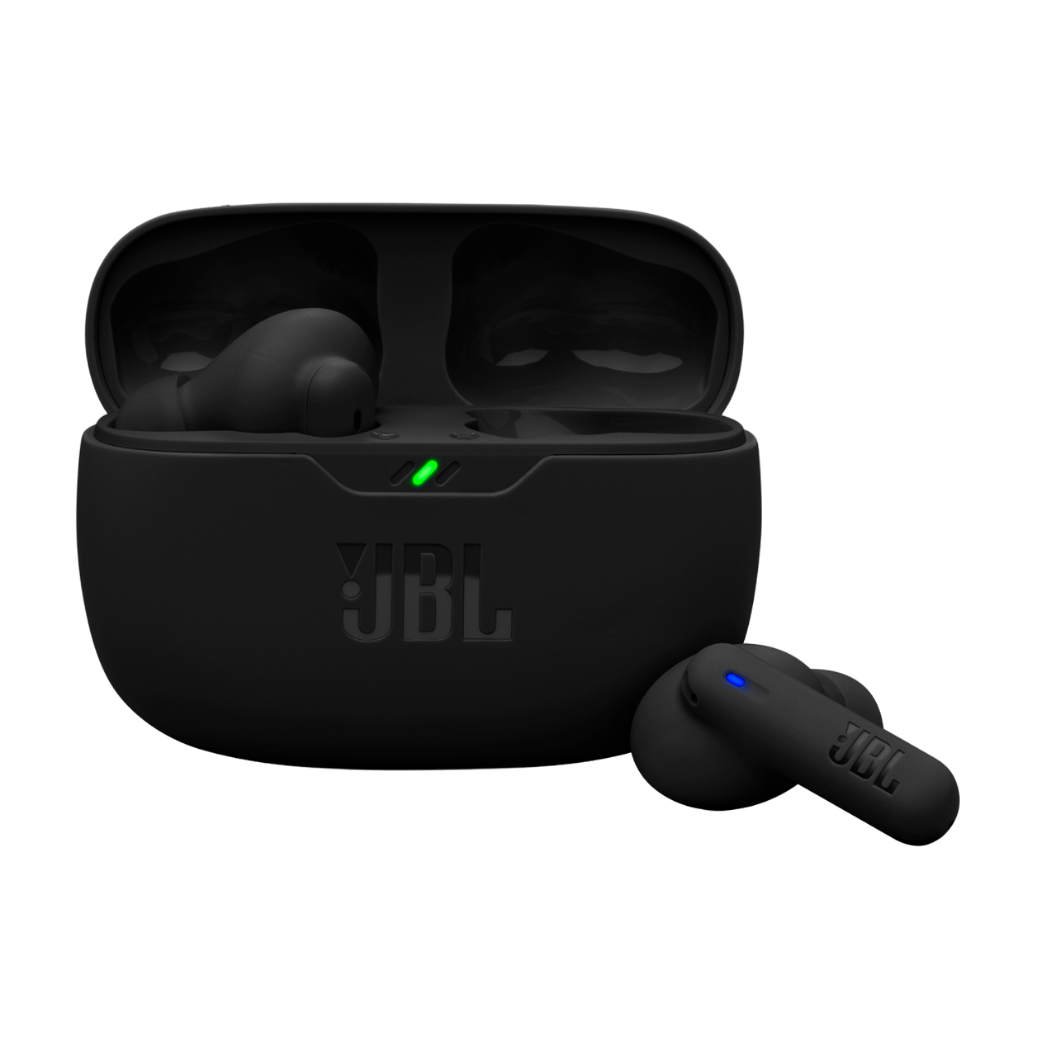 Black JBL earbuds in charging case, with one earbud outside. Black background.
