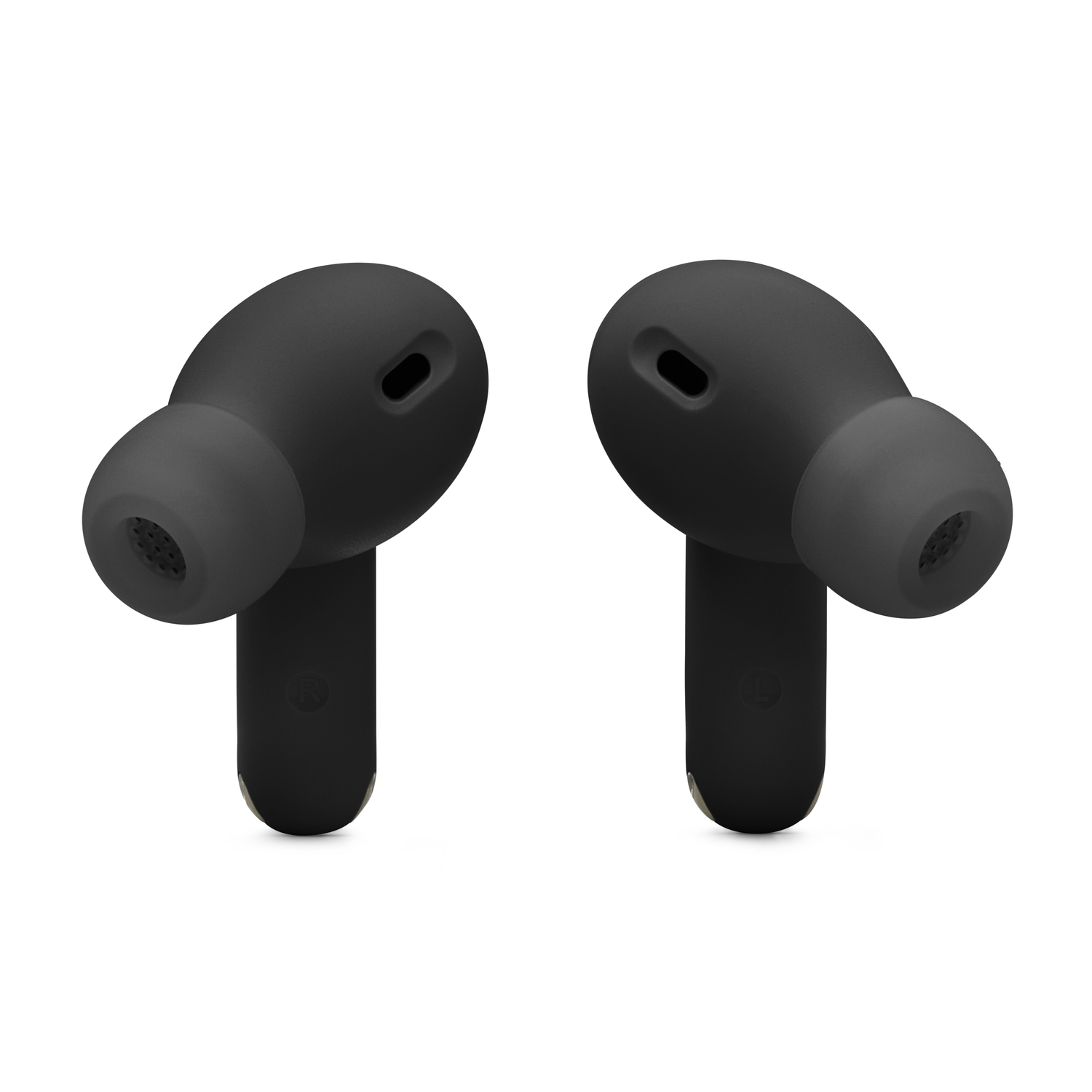 Black earbuds, angled slightly, on a white background. The bud tips are gray.