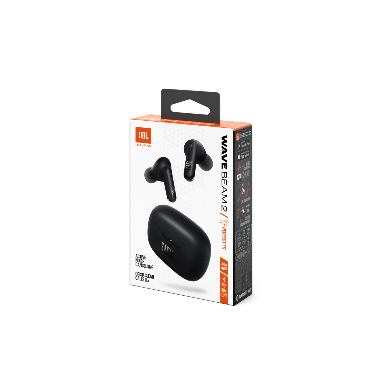 Box of JBL Wave Beam 2 earbuds, showing the earbuds and case.