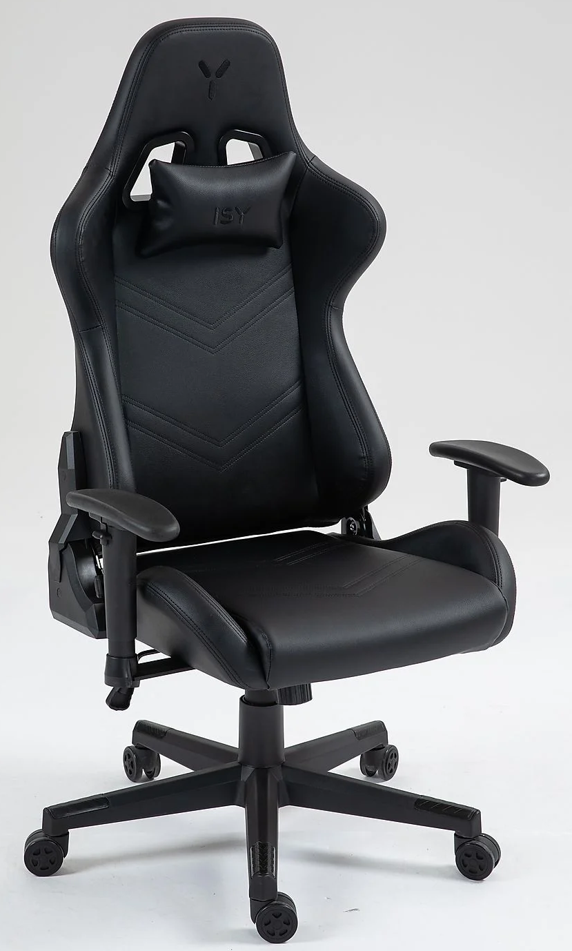 Fekete gamer szék fejtámlával, kartámasszal és ötszögletű talppal, fehér háttéren.