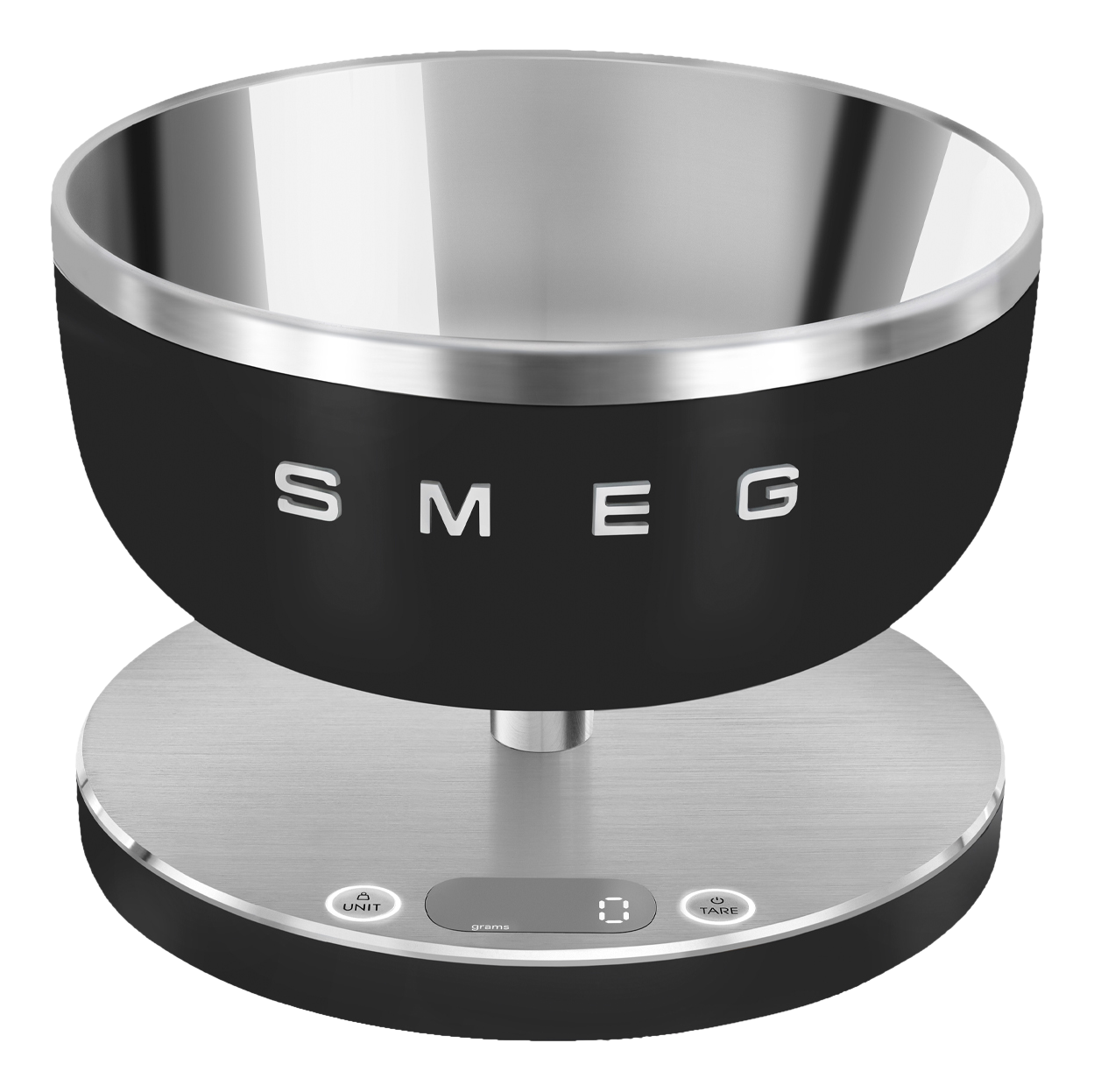 Balance de cuisine noire et argentée avec le mot SMEG. Elle est sur fond noir.