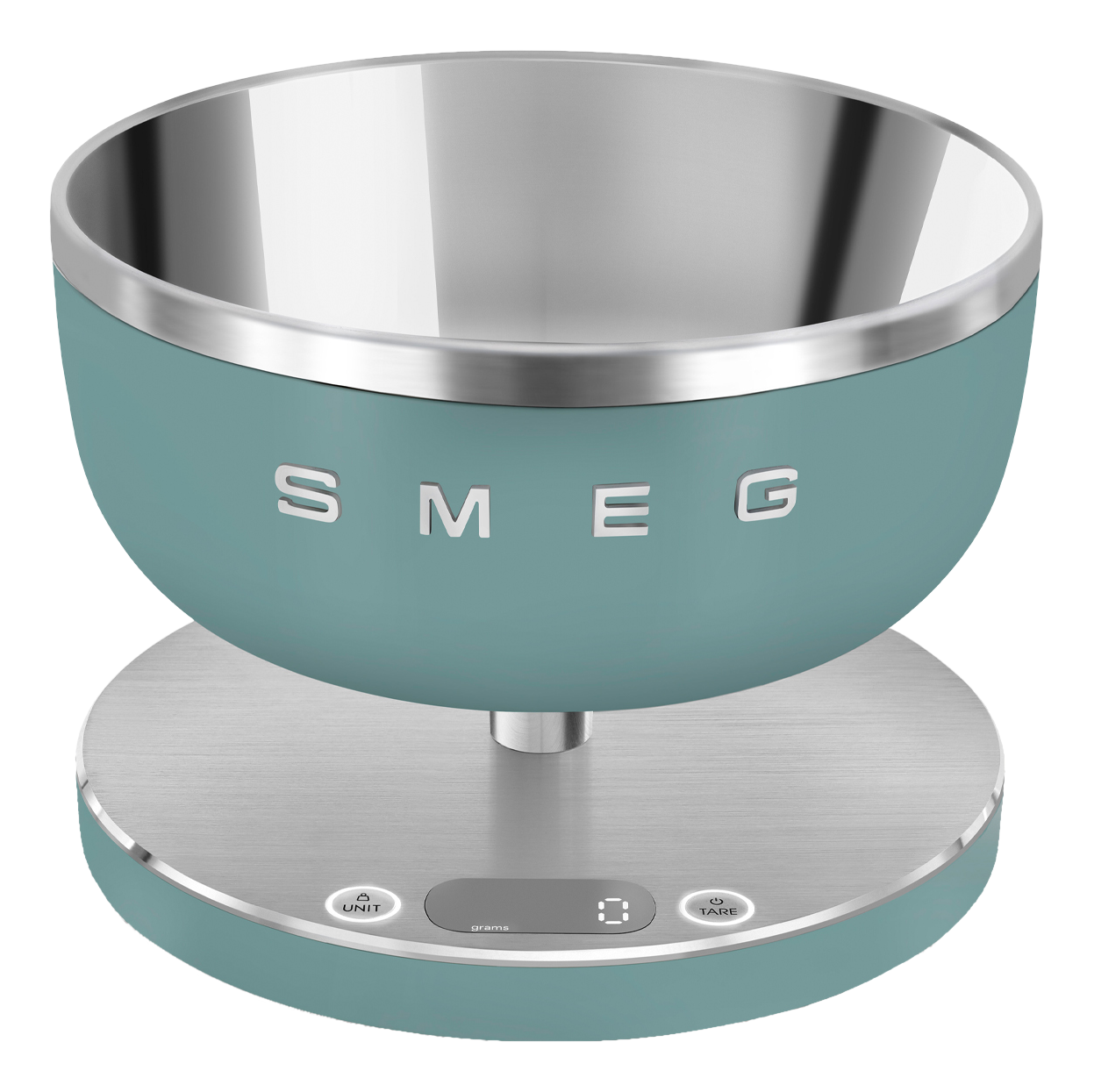 Balance de cuisine Smeg de couleur aqua. La balance a un bol et un affichage numérique.