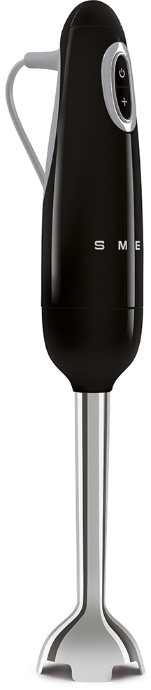 Ein schwarzer SMEG-Handmixer mit silbernem Mixaufsatz.