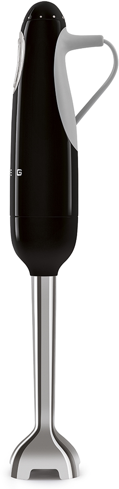 Ein schwarzer Stabmixer mit silbernem Mixteil und grauem Griff.