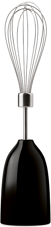 Handmixer. Schwarzer Stabmixer mit Schneebesen-Aufsatz aus Edelstahl.