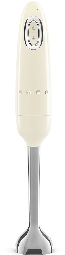 Frullatore a immersione color crema con dettagli argentati e il logo SMEG. Sfondo bianco.