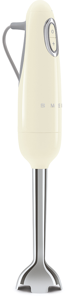 Frullatore a immersione color avorio con lama in acciaio inox. Manico grigio. Marchio sul lato.