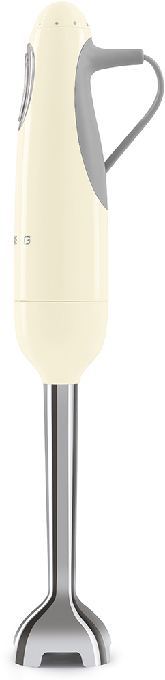 Frullatore a immersione color crema con manico grigio ed estremità di miscelazione in acciaio inox.