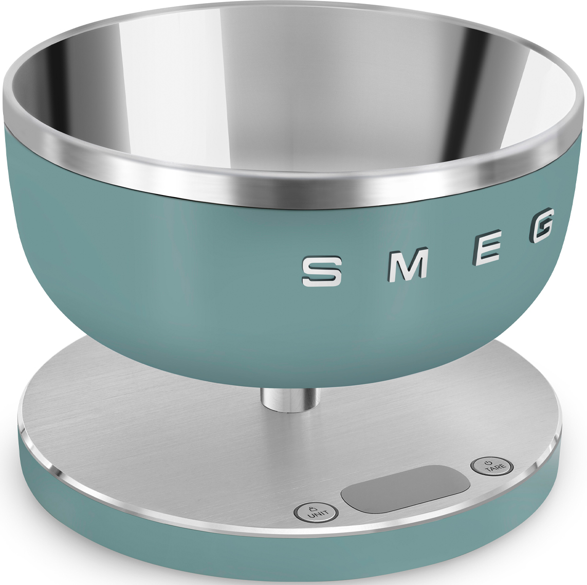 Un bol de couleur sarcelle sur une base argentée, avec le mot "SMEG" sur le bol.