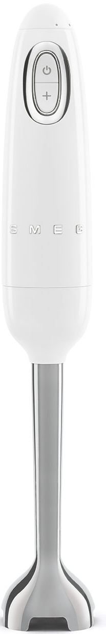 Ein weißer Smeg-Stabmixer. Er hat Ein/Aus-Tasten und Plus/Minus-Tasten. Der Schaft ist silberfarben.