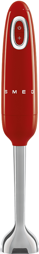 Roter Smeg Stabmixer mit Ein-/Aus- und Geschwindigkeitsreglern, weißer Hintergrund.