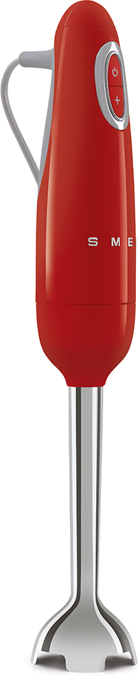 Roter SMEG Stabmixer mit silberner Klinge und Griff.