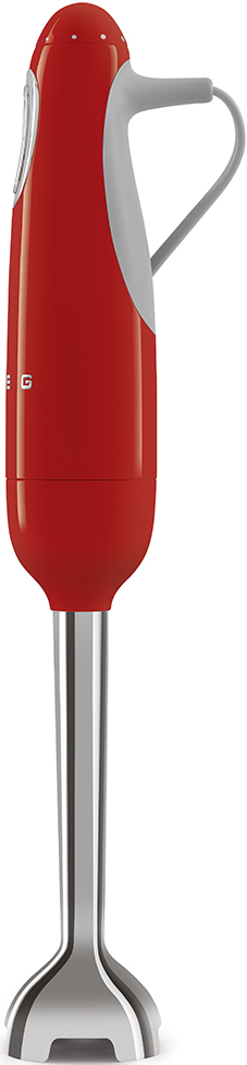 Roter Stabmixer auf weißem Hintergrund. Grauer Griff und Edelstahlbasis.