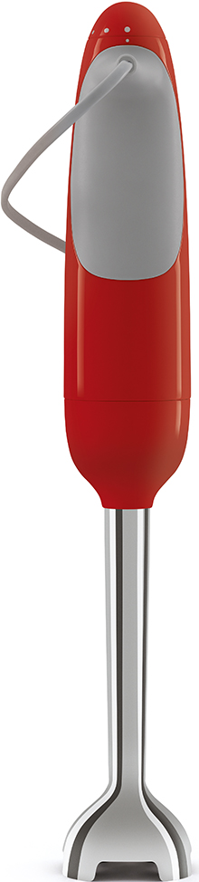 Ein roter Stabmixer mit grauem Griff und silbernem Sockel.