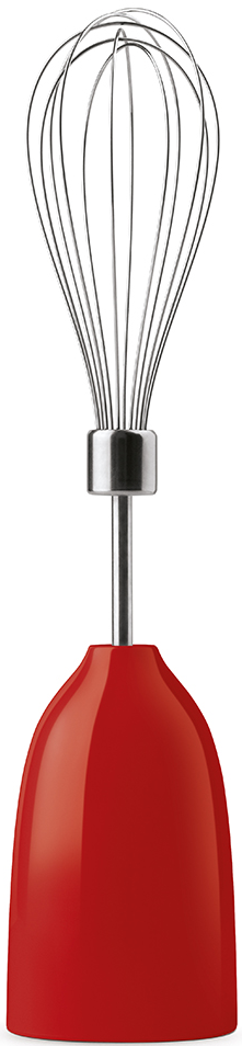 Roter Stabmixer. Nahaufnahme des Mixers mit silbernem Schneebesen-Aufsatz.
