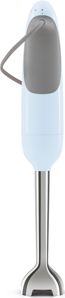 Hellblauer Stabmixer mit grauem Griff, weißer Hintergrund.