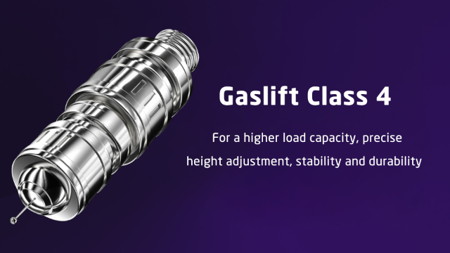 Egy fém gázlift egy székhez, a 'Gaslift Class 4' felirattal.