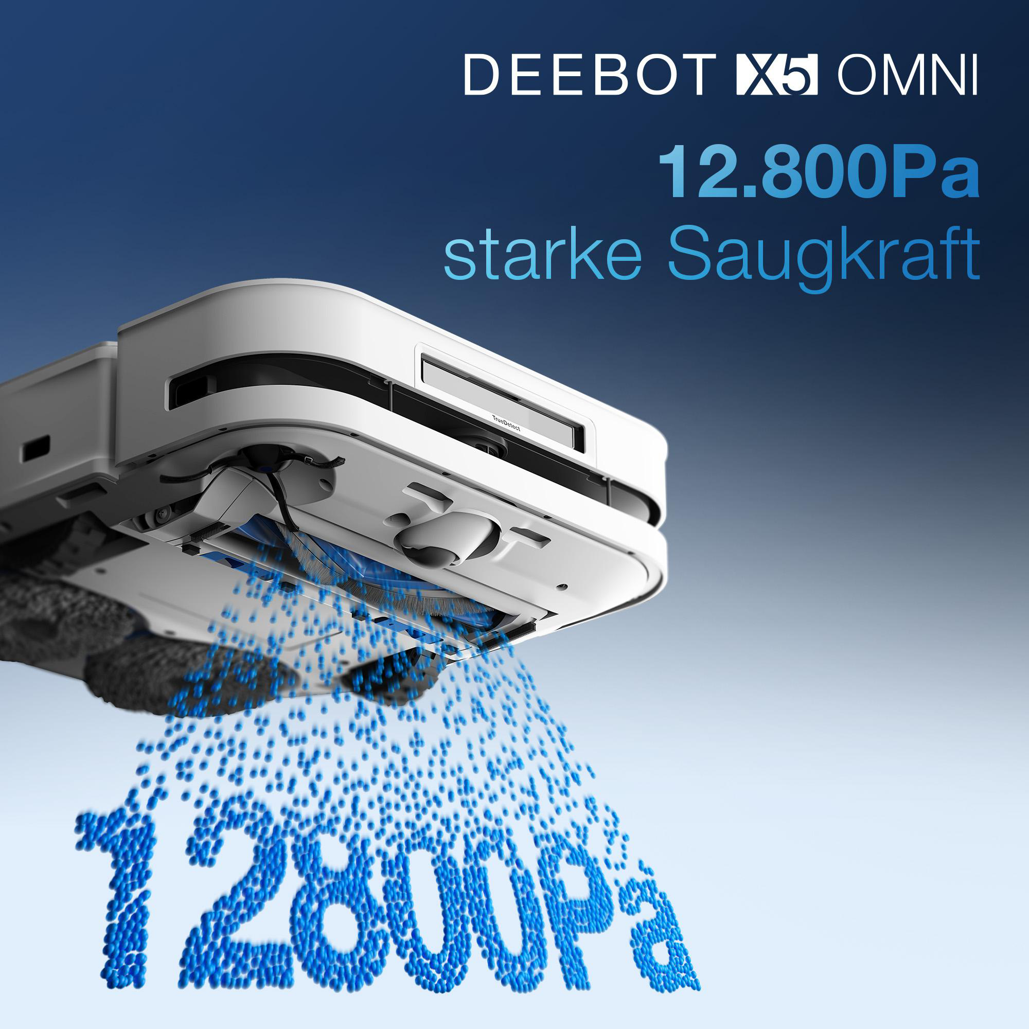 Roboter-Staubsauger, der blaue Partikel sprüht. Text: DEEBOT X5 OMNI. 12.800Pa starke Saugkraft.