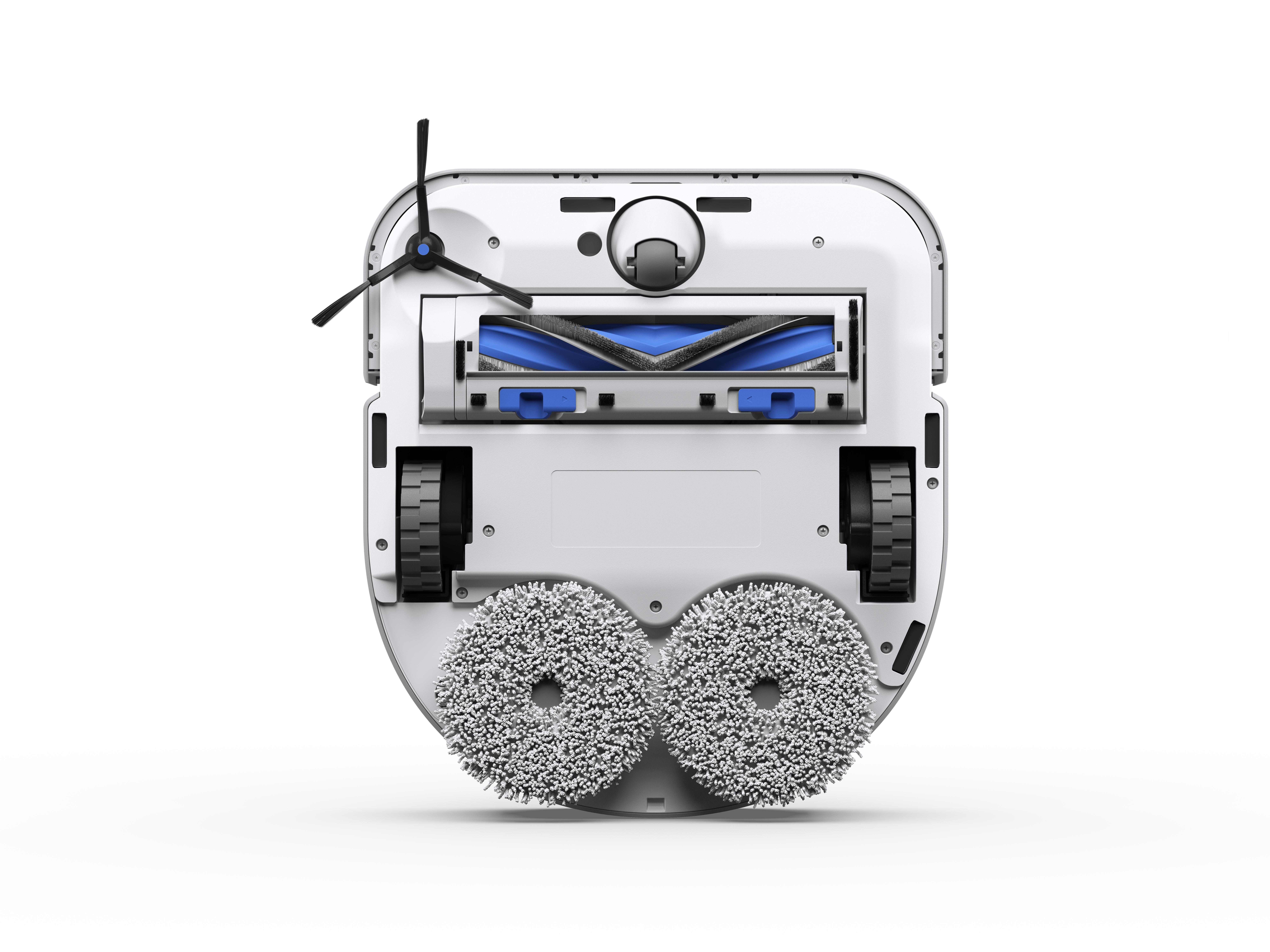 Roboter-Staubsauger, Draufsicht. Bürsten und Räder zeigend. Weißer Hintergrund.