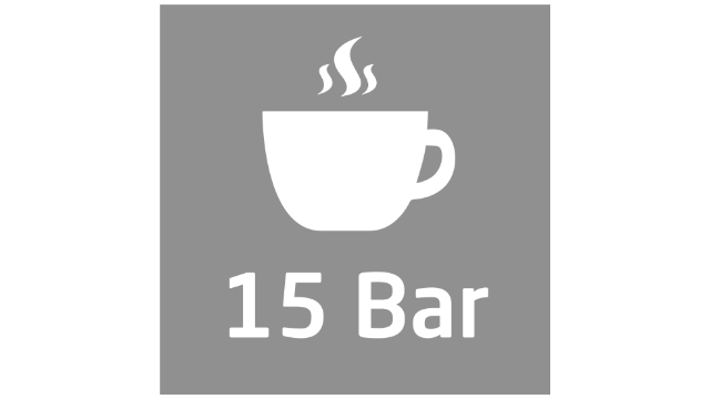 Egy fehér csésze ikon gőzzel, és a '15 Bar' felirat egy szürke négyzetben.