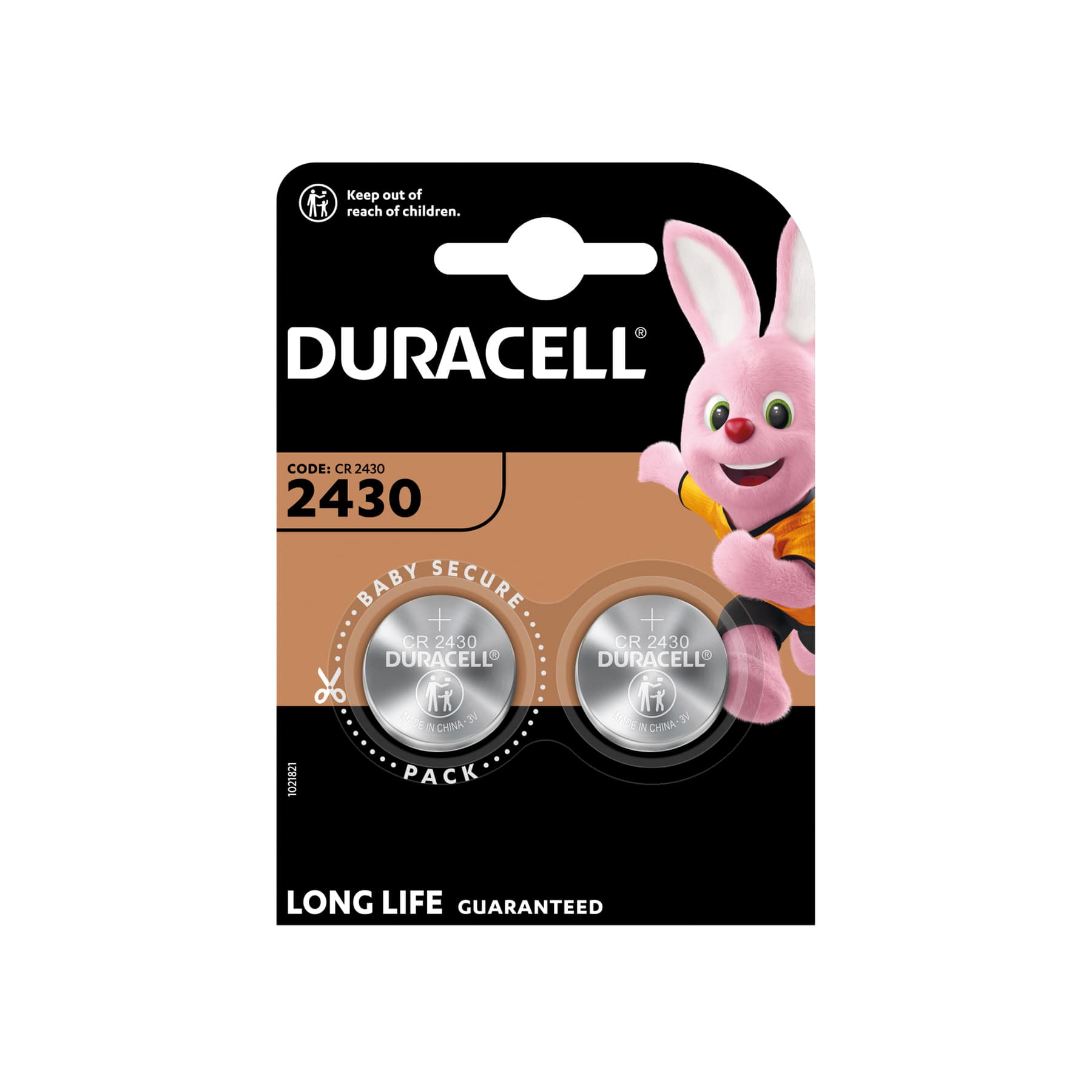 Duracell-Batteriepack mit zwei Batterien, einem rosa Hasen und Text.