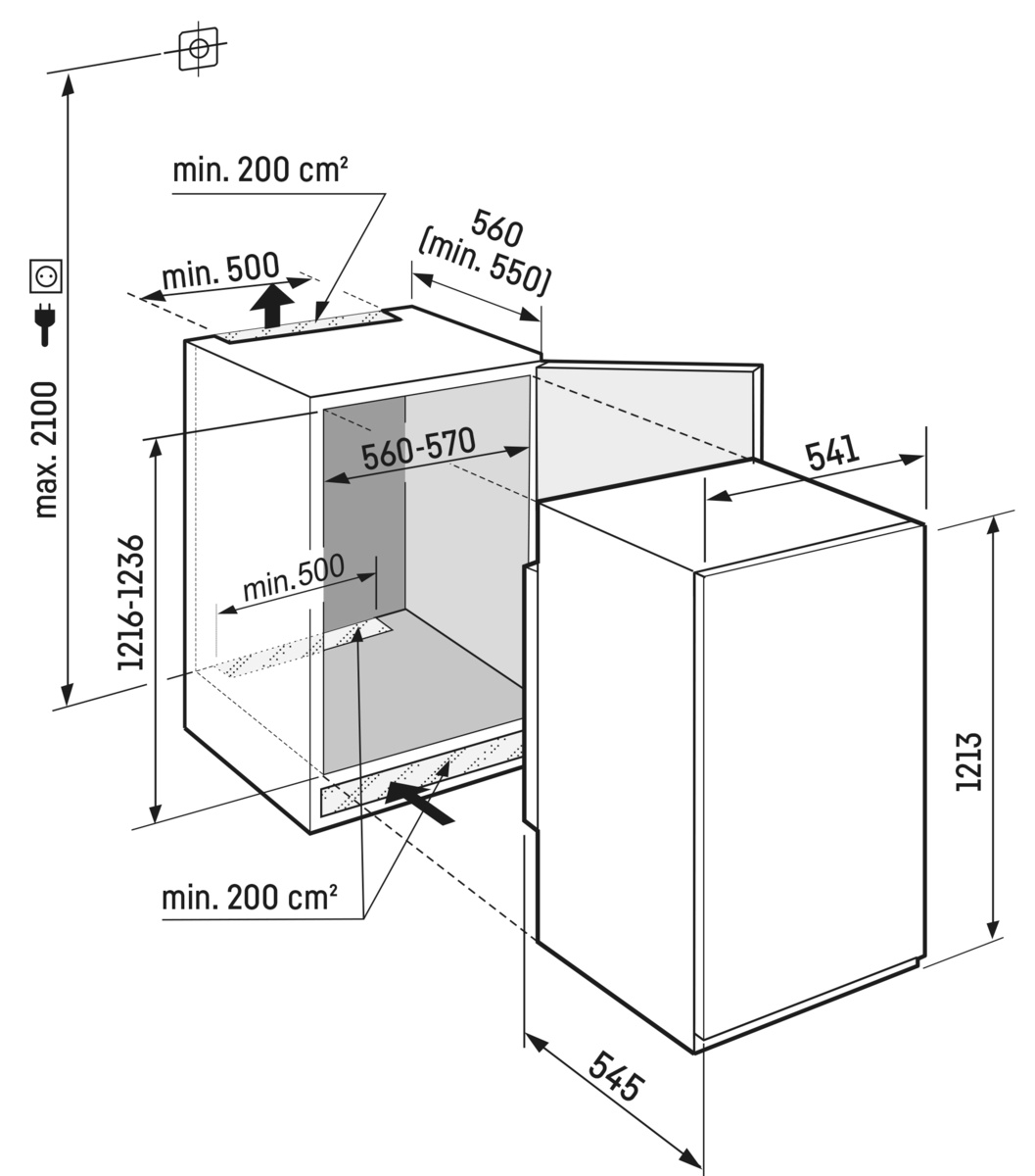 Technische Zeichnung mit Abmessungen eines Einbau-Küchengeräts, zeigt Schrank und Tür.