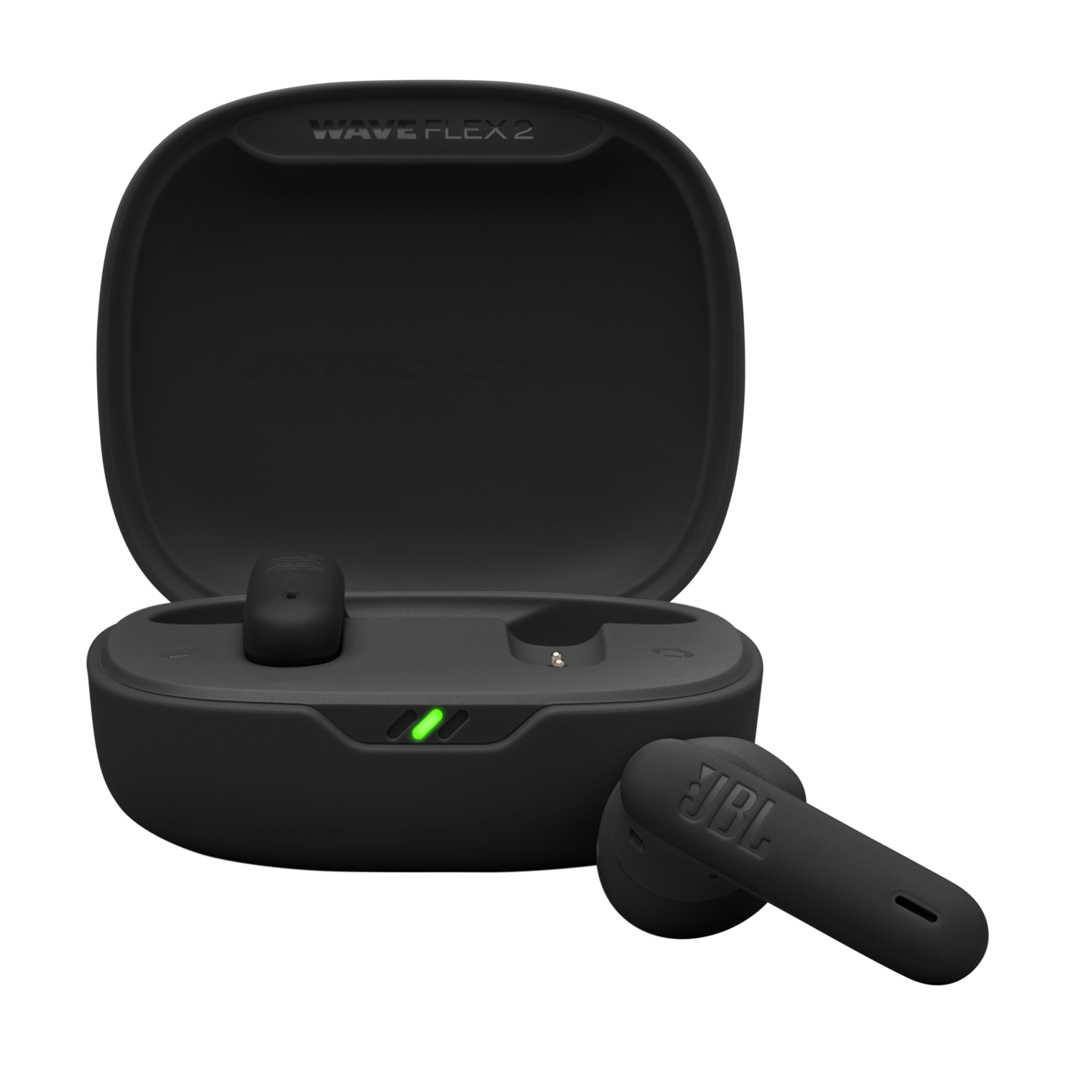 Zwarte JBL Wave Flex 2 oordopjes en oplaadcase. Eén oordopje is buiten.