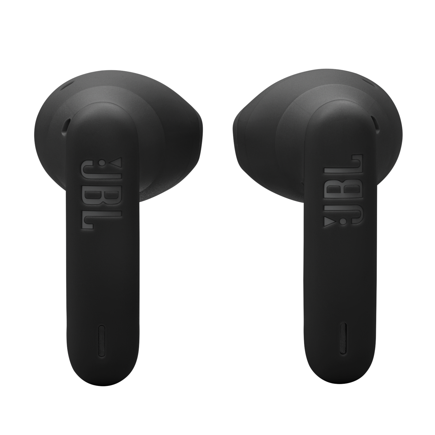 Twee zwarte JBL oordopjes, van voren gezien. Het JBL logo is zichtbaar.