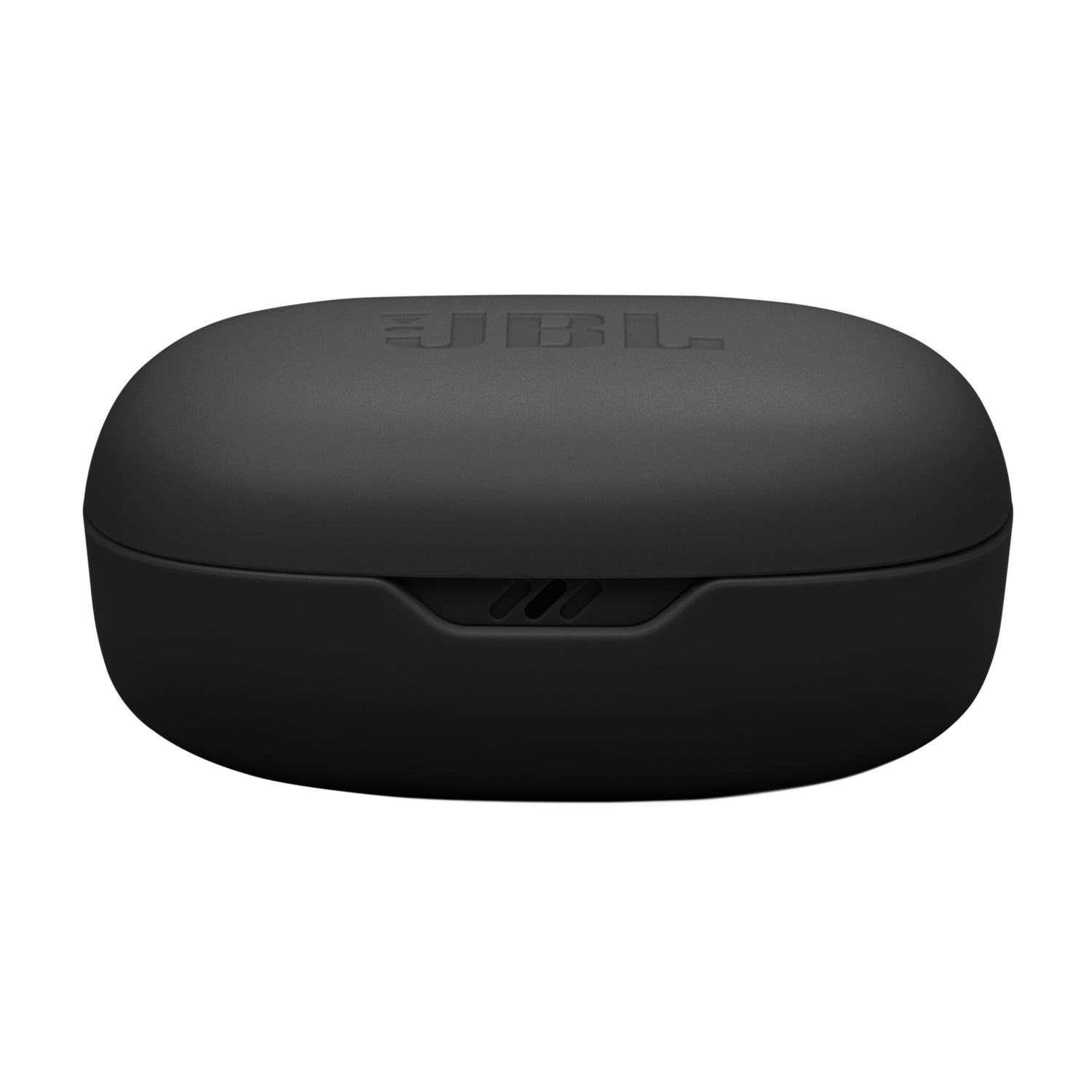 Zwarte JBL oplaadcase, ovaal van vorm met JBL-merk. Het heeft 3 kleine puntjes.