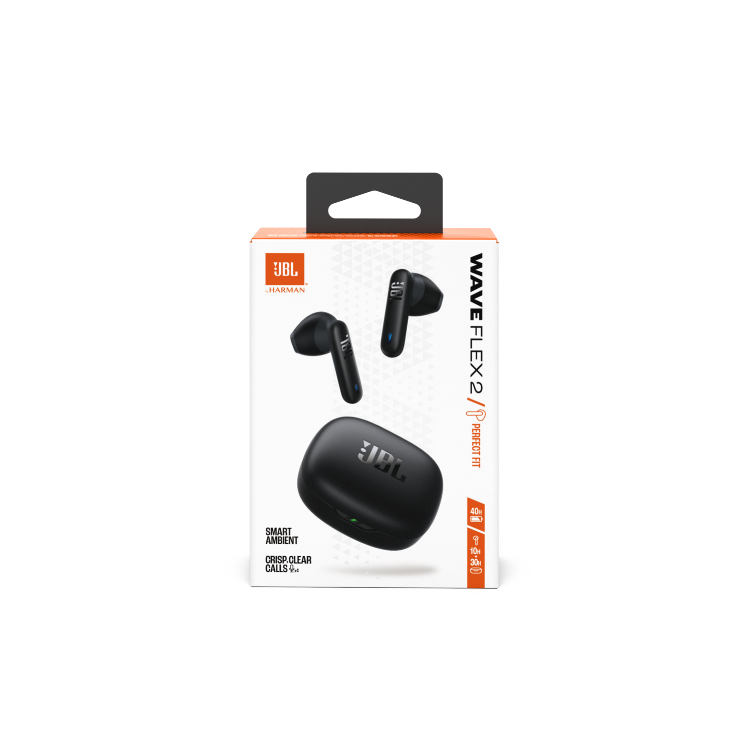 JBL Wave Flex 2 oordopjes in zwarte verpakking. Kenmerken: slimme ambient, heldere gesprekken en 40u batterijduur.