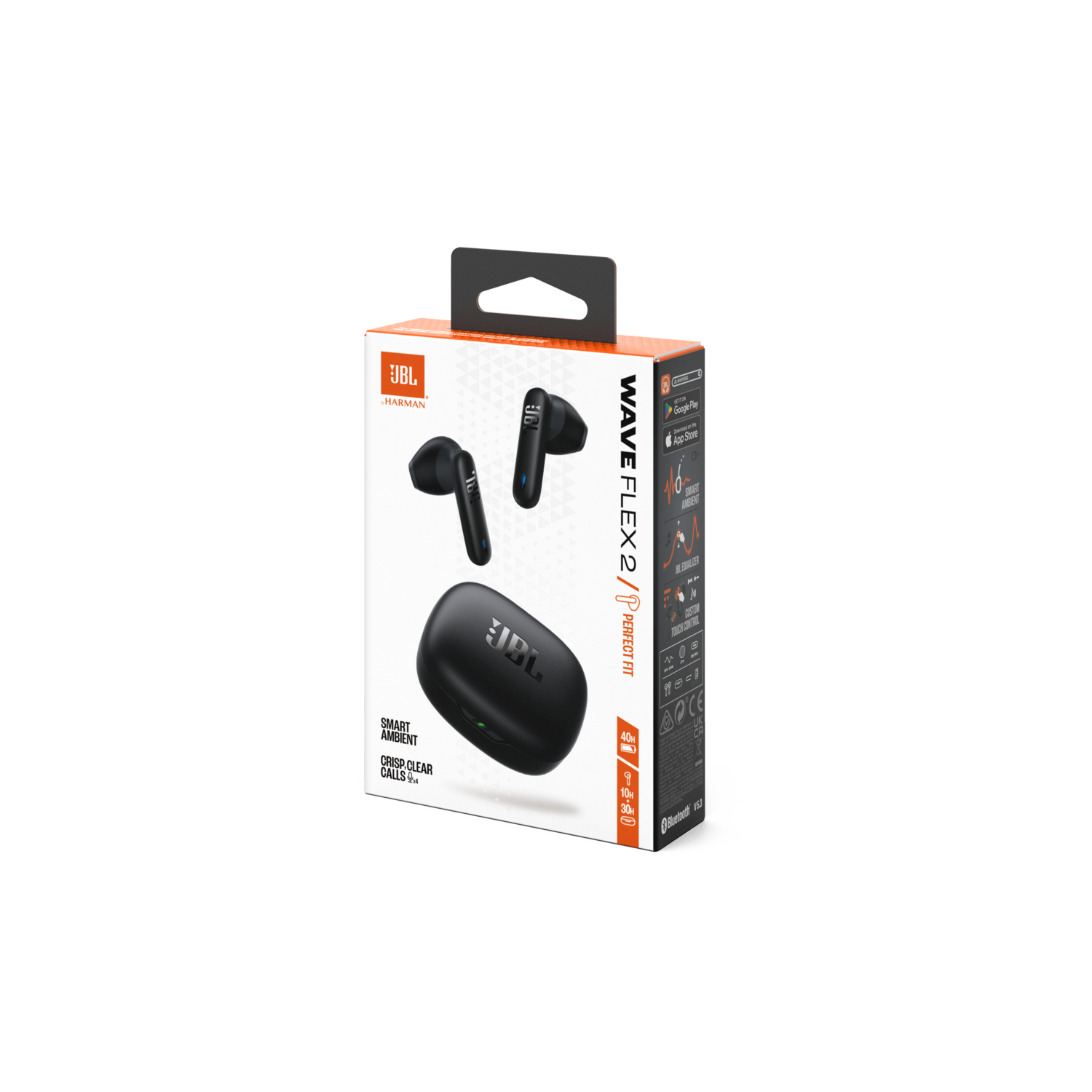 Doos van JBL Wave Flex 2 oordopjes. Zwarte oordopjes zichtbaar.