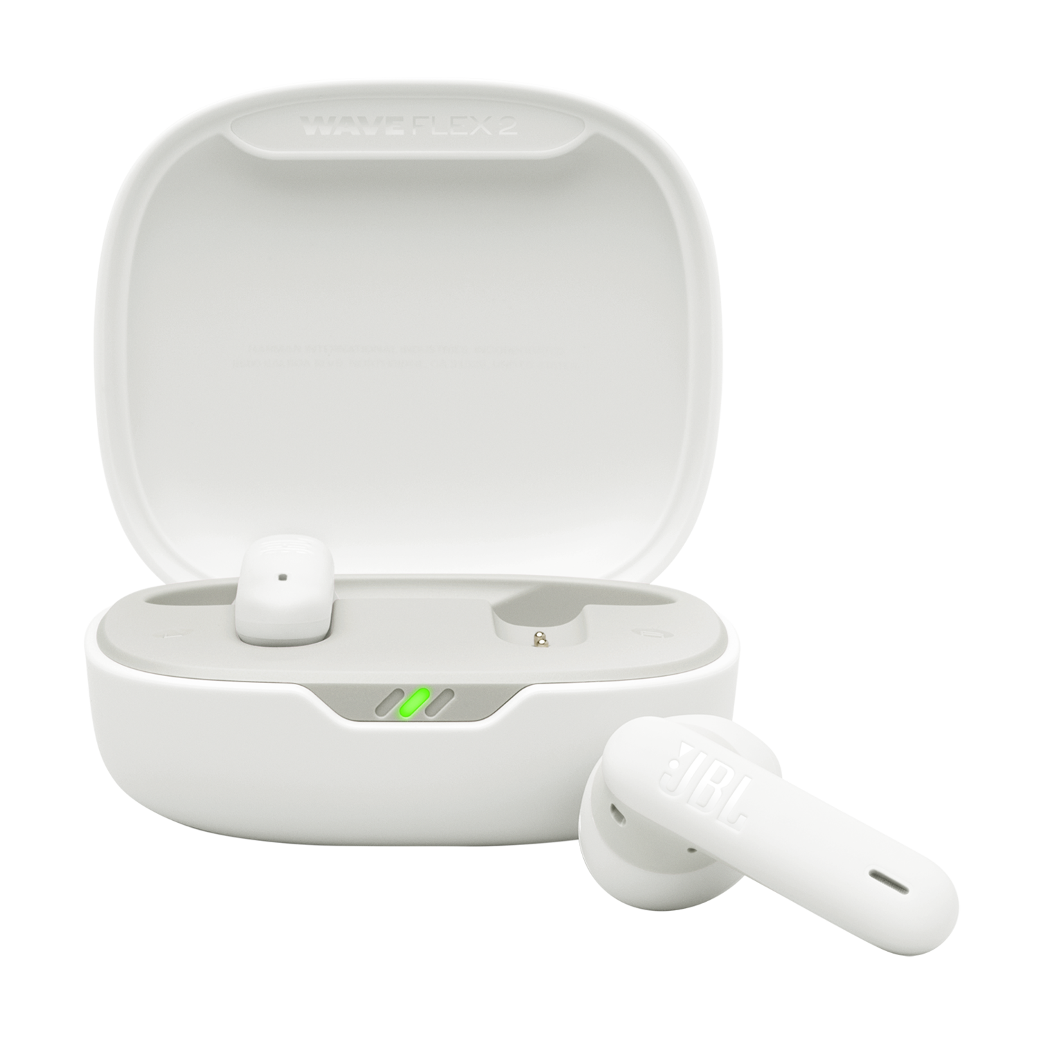 White earbuds with a charging case. Case is open, with green charging lights.