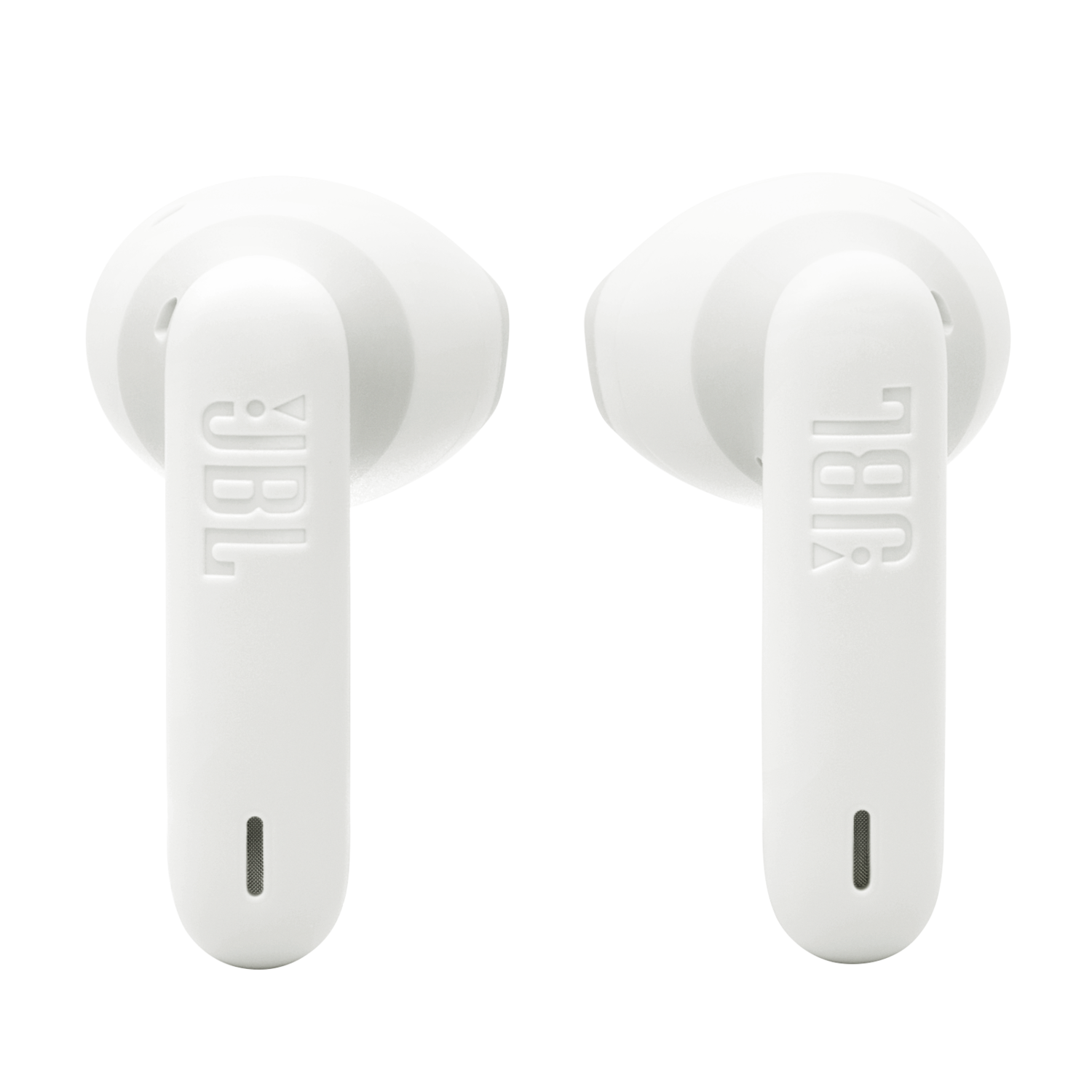 Two white JBL earbuds. Close-up, isolated on a black background.