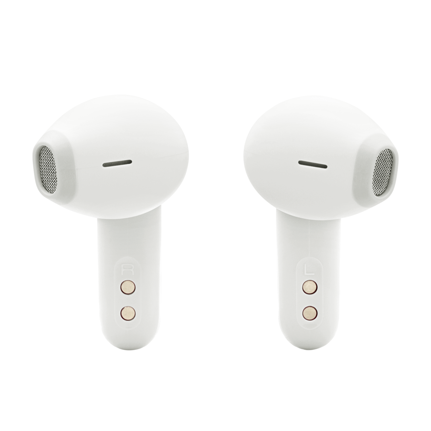 Two white earbuds with black mesh and gold accents.