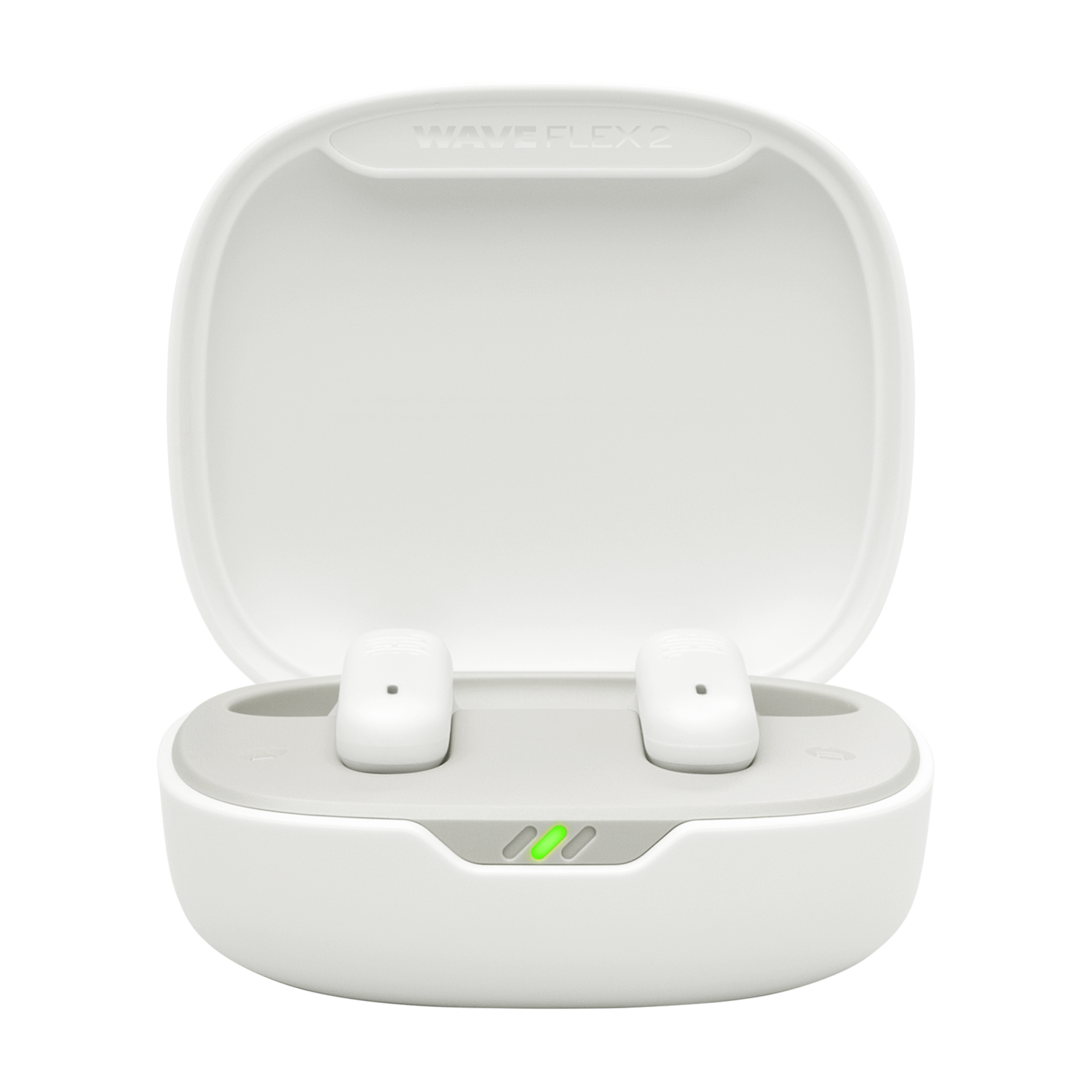 White earbuds inside a white charging case with green indicator lights.
