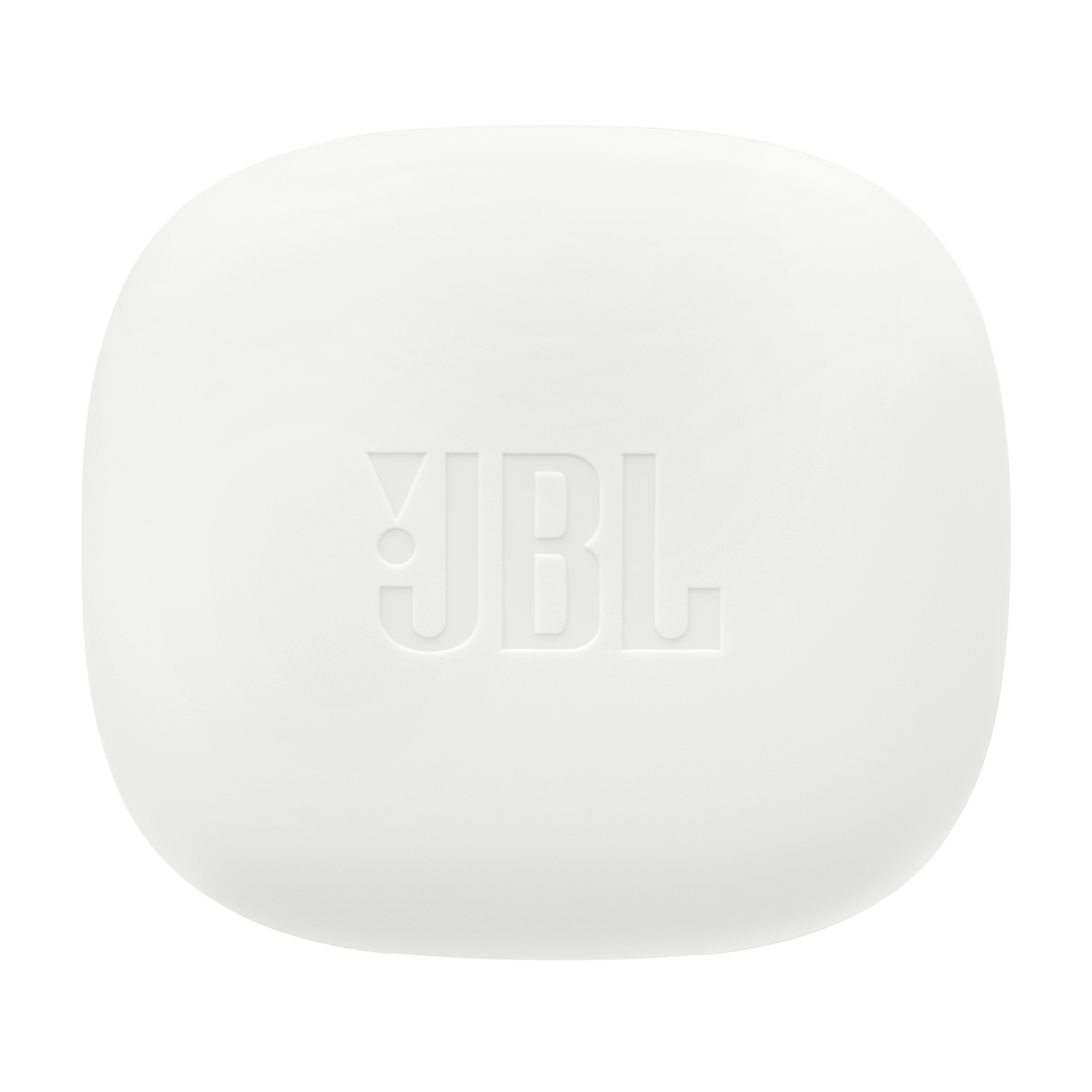 White JBL wireless earbuds charging case with the brand logo embossed on the front.