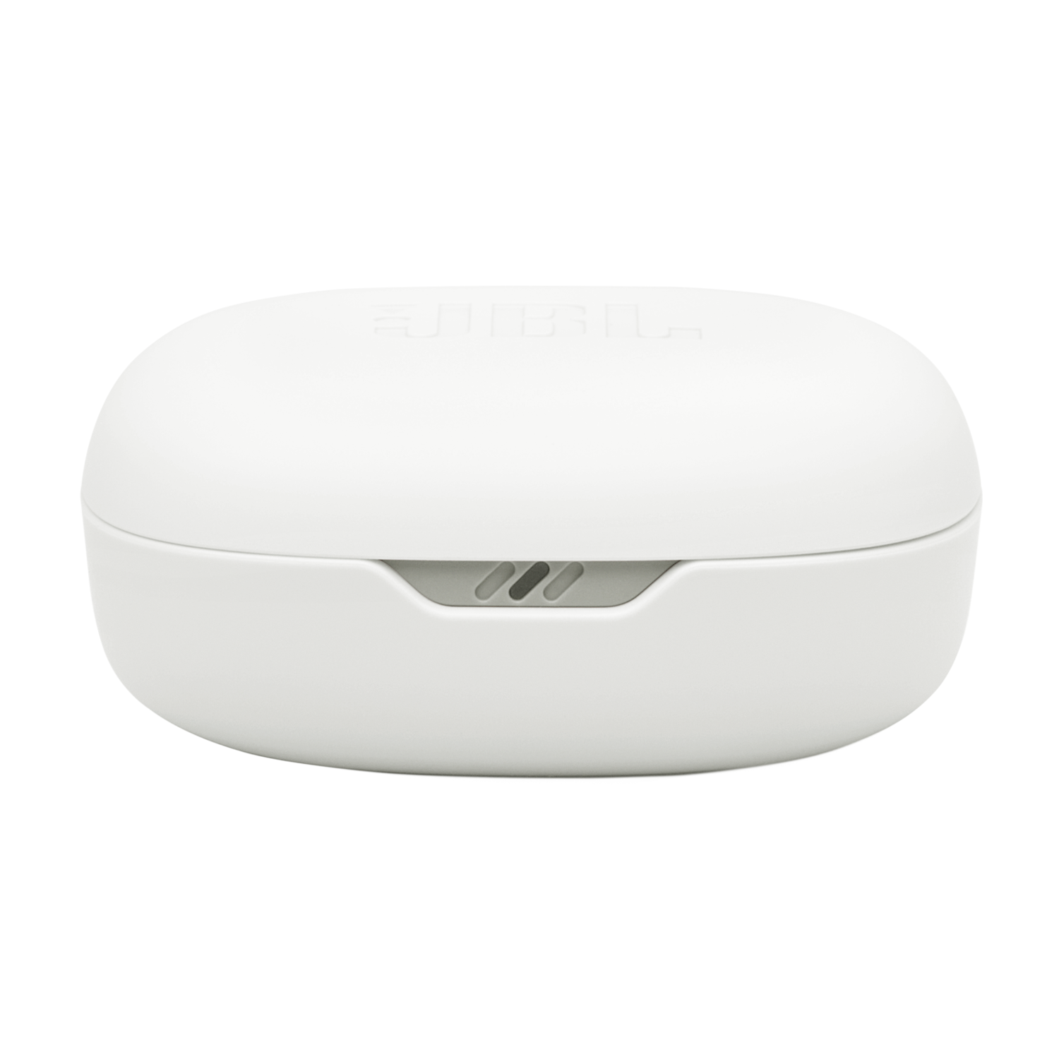A white charging case for earbuds with the JBL logo on a black background.