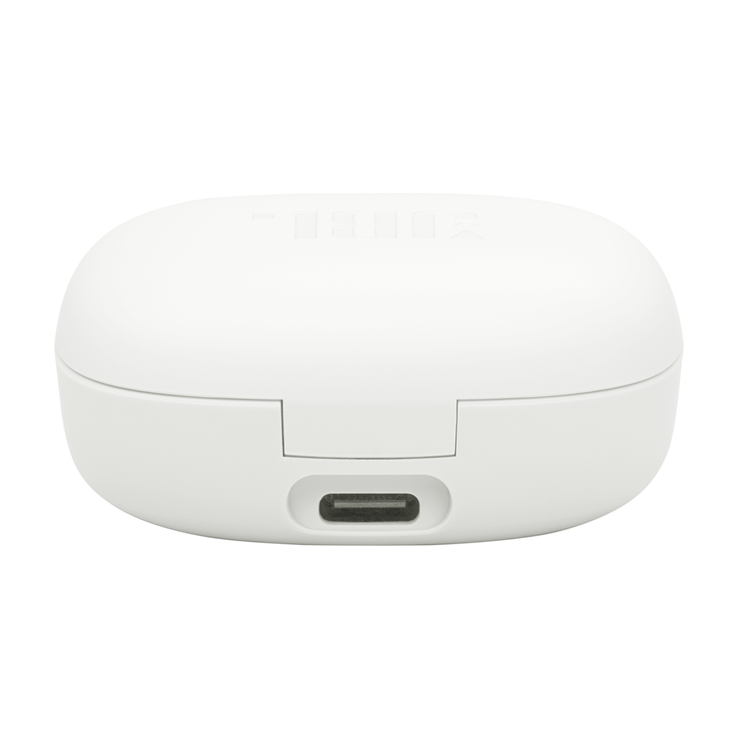 White, oval-shaped earbud case with a USB-C port. Black background.