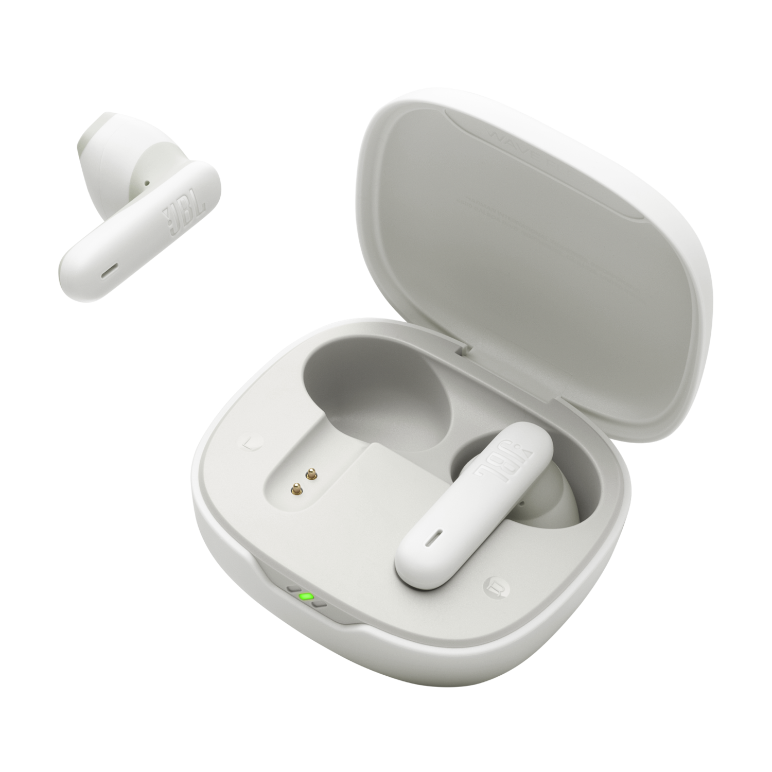 White JBL earbuds and charging case on a black background.