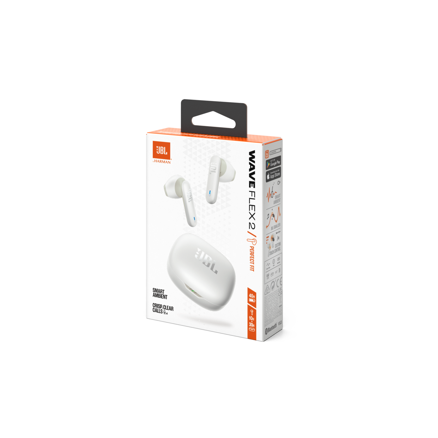 White earbuds box with earbuds, and a charging case. The background is black.