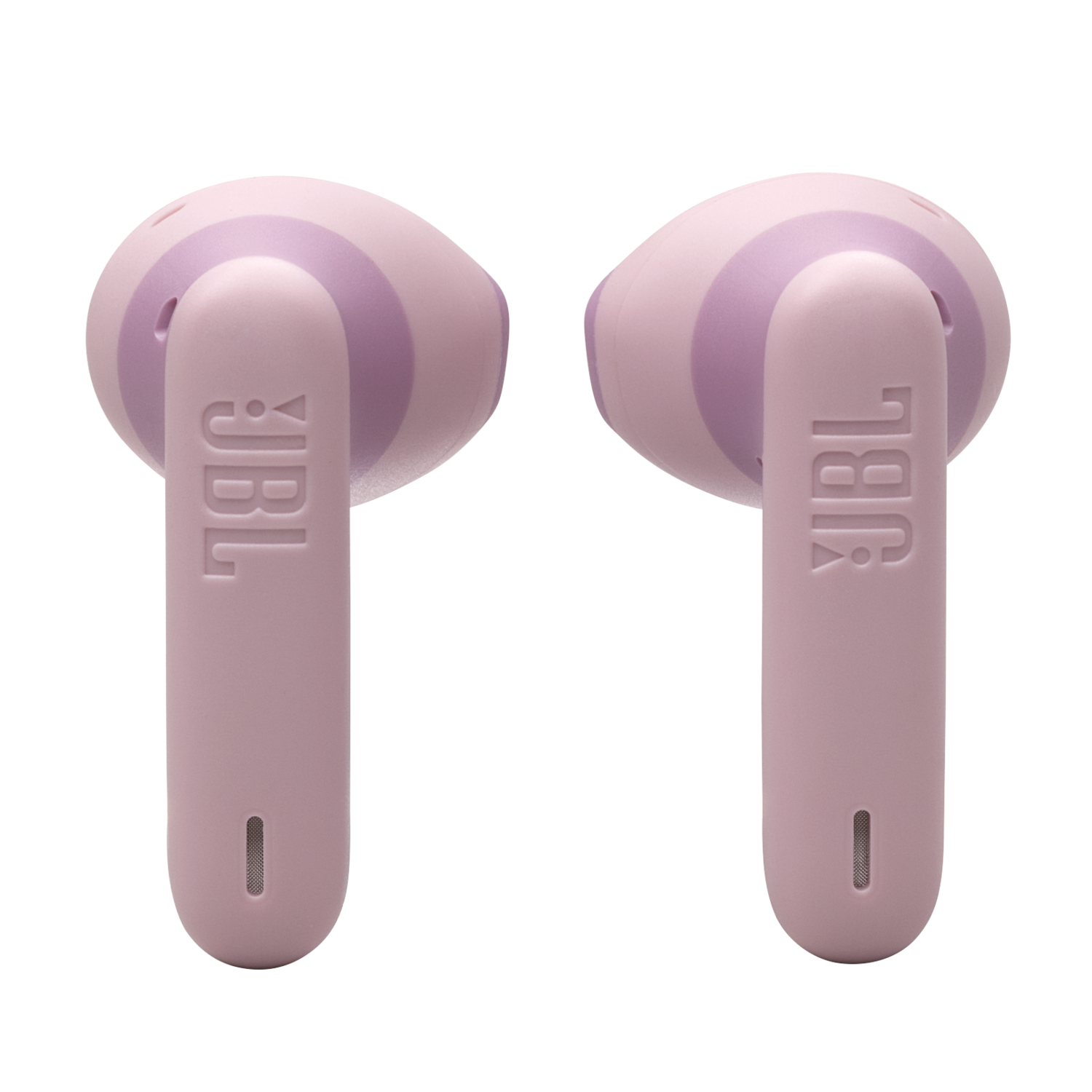 Two pink JBL earbuds. The earbuds are close up, with the brand name on each earbud.